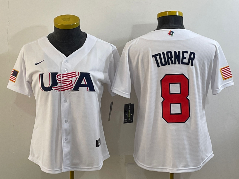 Women's USA Baseball #8 Trea Turner 2023 White World Baseball Classic Stitched Jersey(Run Small)